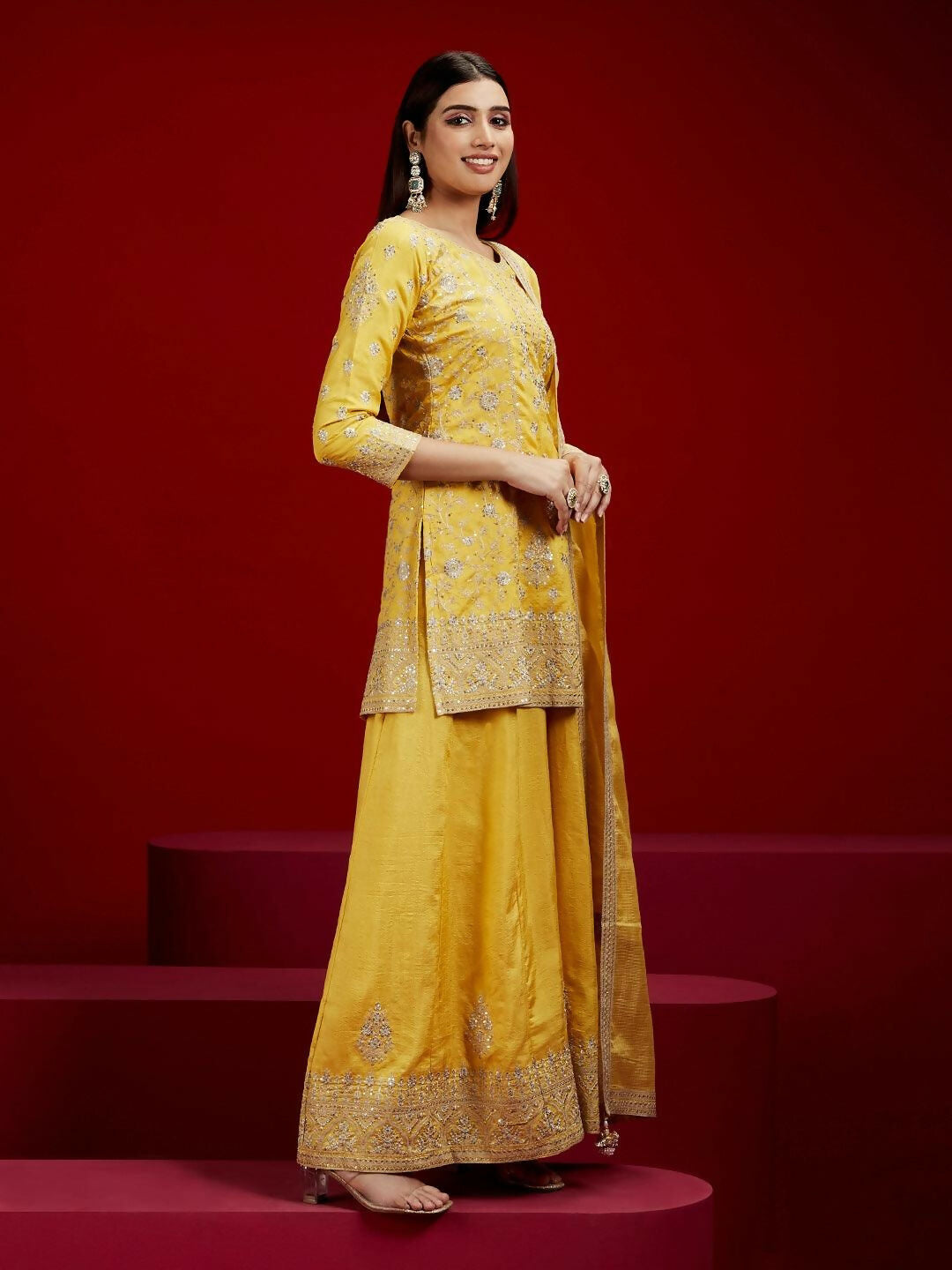 Women's LB Art Yellow Embroidered Silk Straight Suit With Dupatta