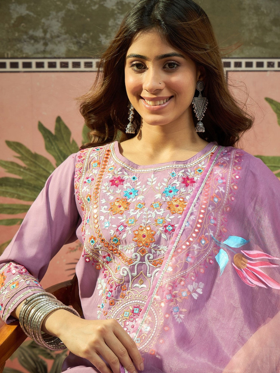 Embroidered Round Neck Kurta & Trousers With Dupatta