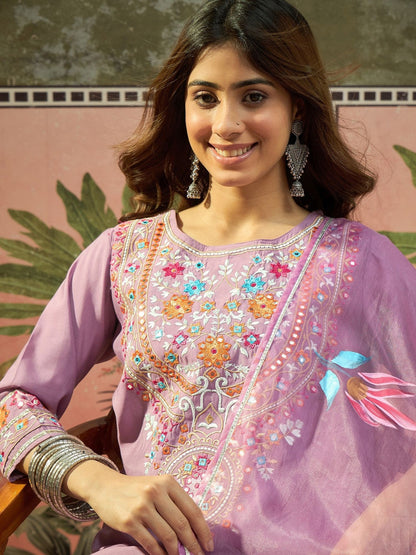 Embroidered Round Neck Kurta & Trousers With Dupatta