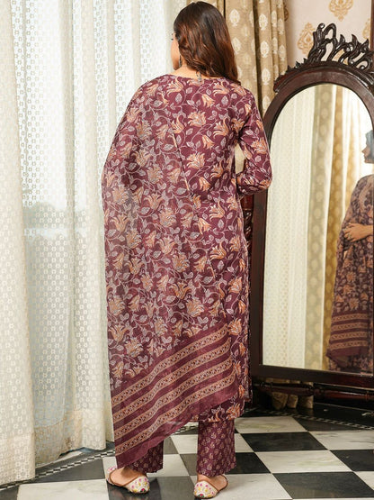 Dhiyona KL Women Floral Printed Regular Thread Work Kurta with Trousers & Dupatta