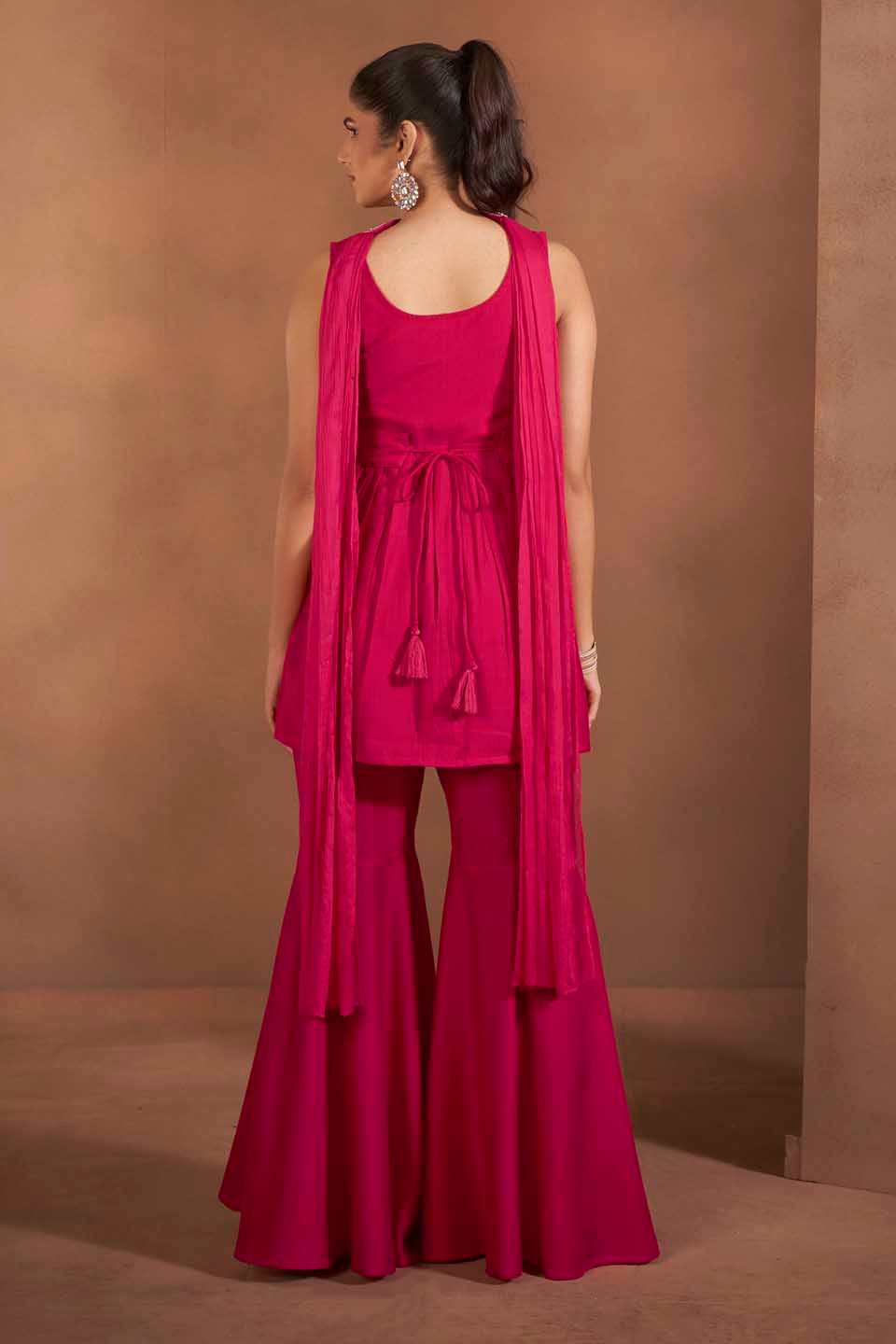 Dhiyona AN Floral Embroidered Thread Work Raw Silk Kurta With Sharara And Dupatta