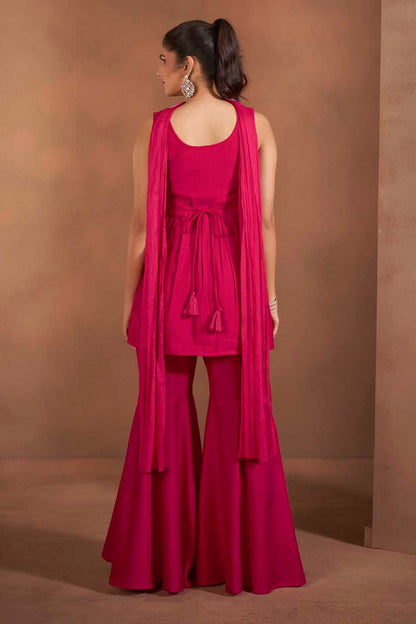 Dhiyona AN Floral Embroidered Thread Work Raw Silk Kurta With Sharara And Dupatta
