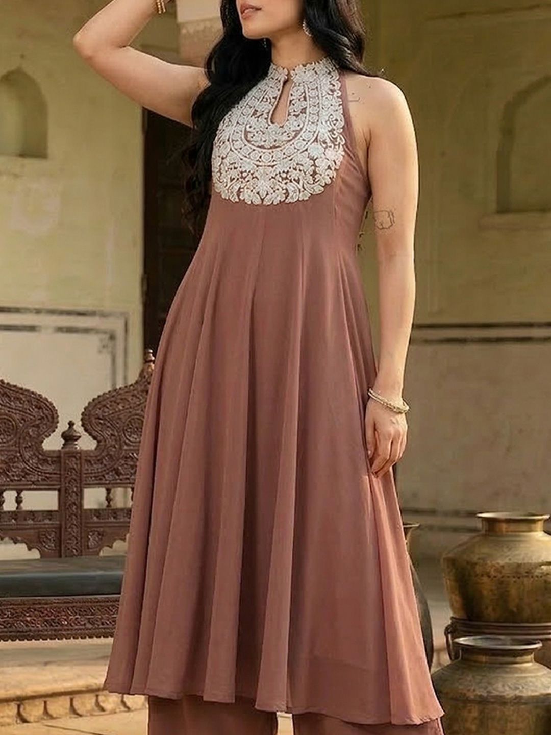 Camel Brown Floral Embroidered Panelled Silk Georgette Anarkali Kurta With Trouser