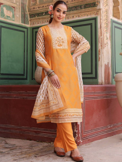 Dhiyona RR Women's Printed Chanderi Cotton Kurta with Trousers & Dupatta