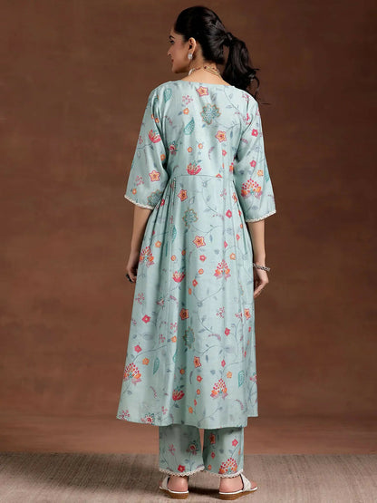 Women's LB Blue Printed Silk Blend A-Line Kurta With Trousers