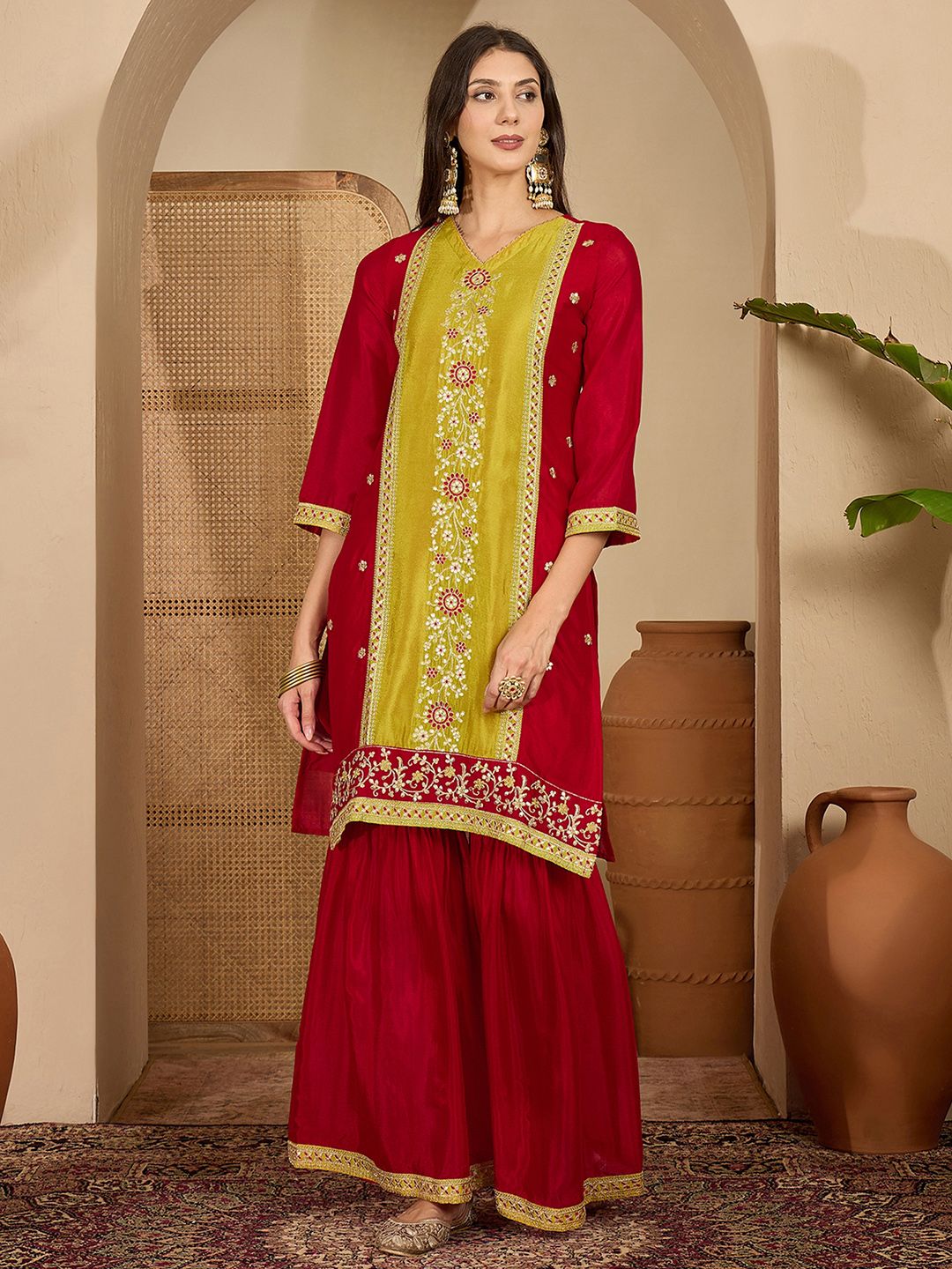 Dhiyona SN Embroidered V-Neck Kurta & Sharara With Dupatta