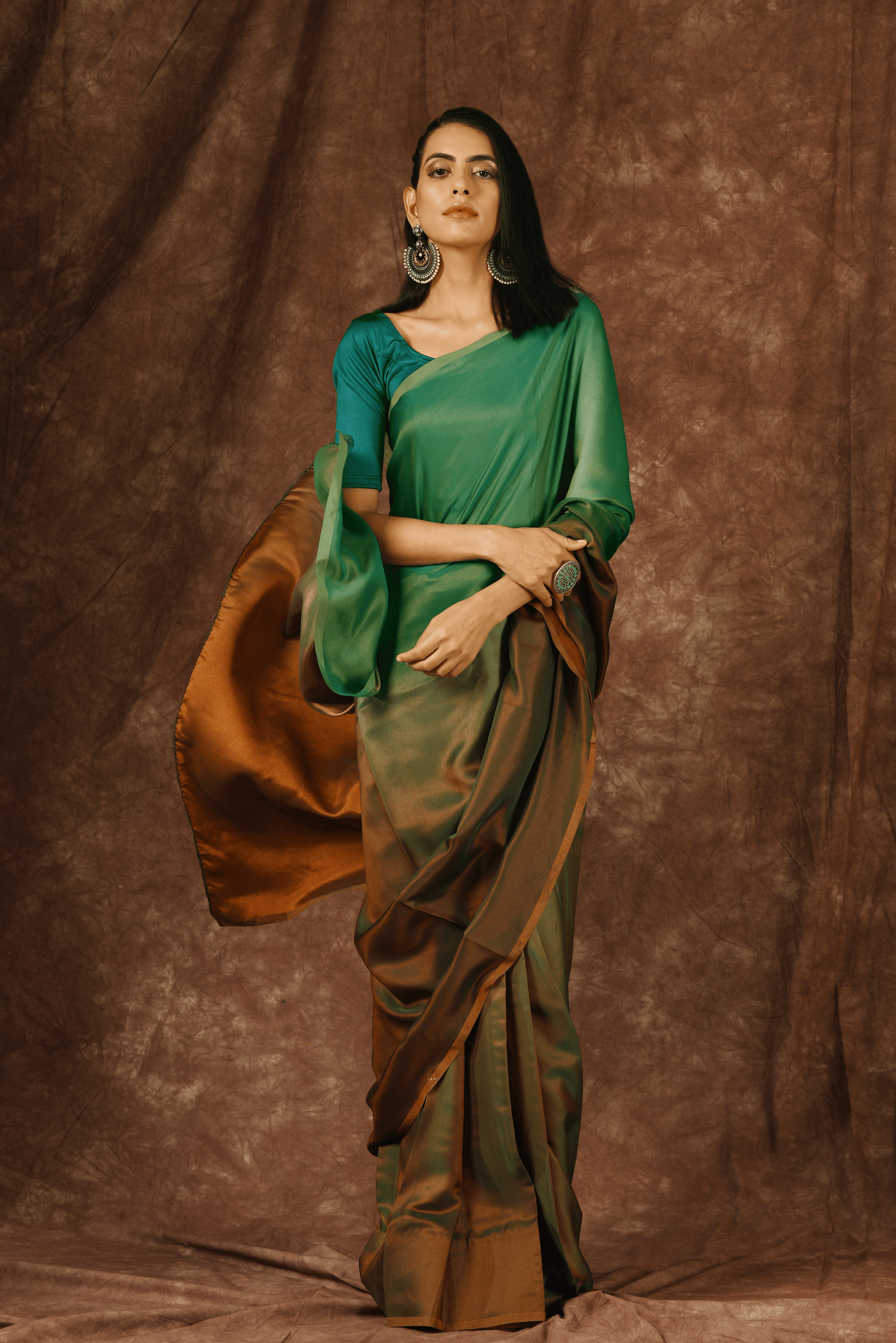 Dhiyona ST Green & Brown Satin Ombre' Saree