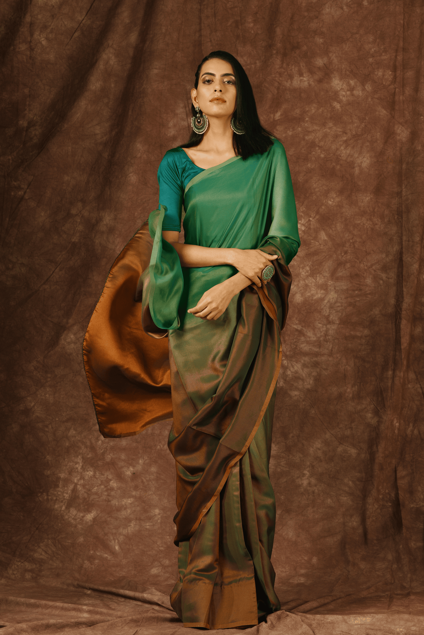 Dhiyona ST Green & Brown Satin Ombre' Saree