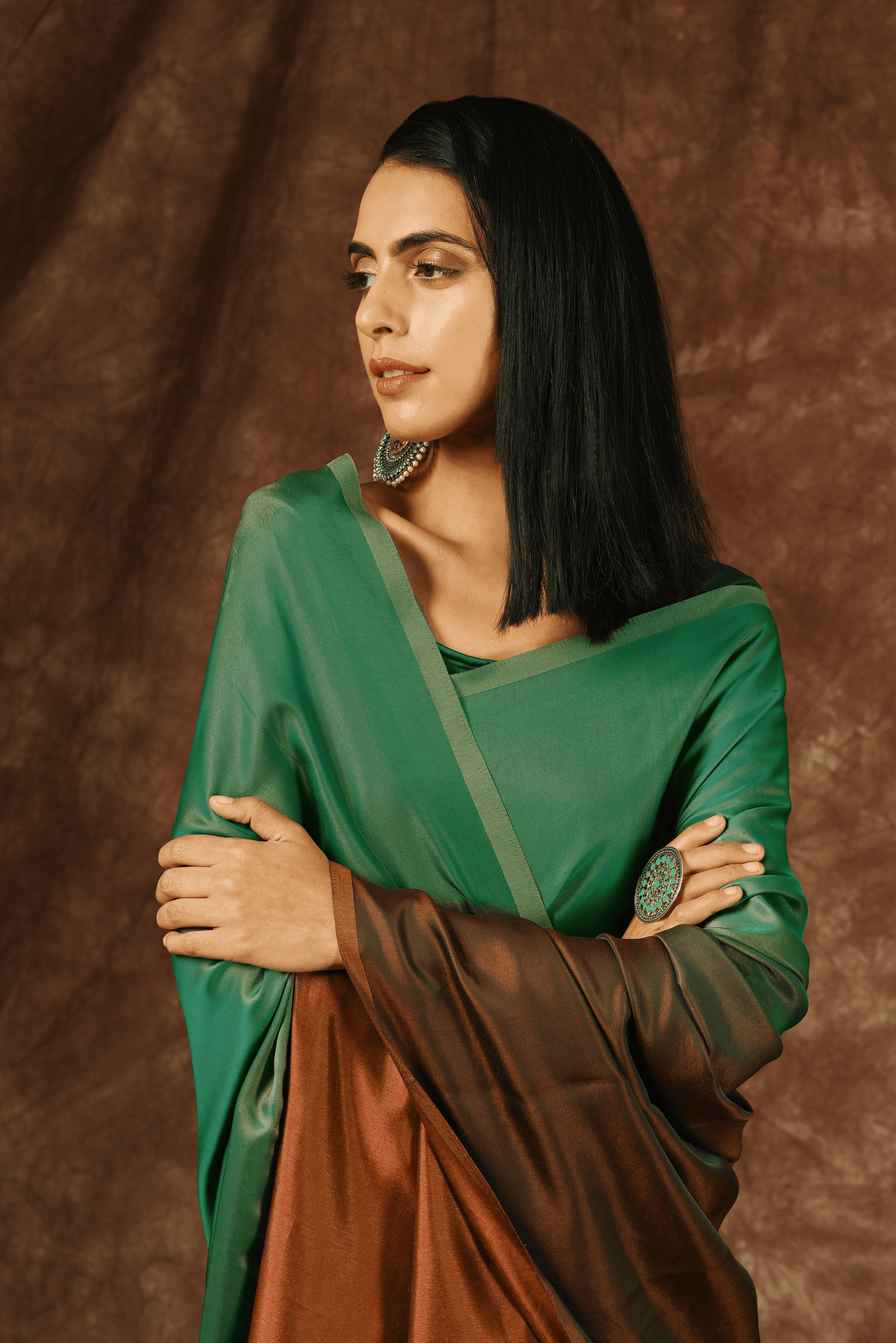 Dhiyona ST Green & Brown Satin Ombre' Saree
