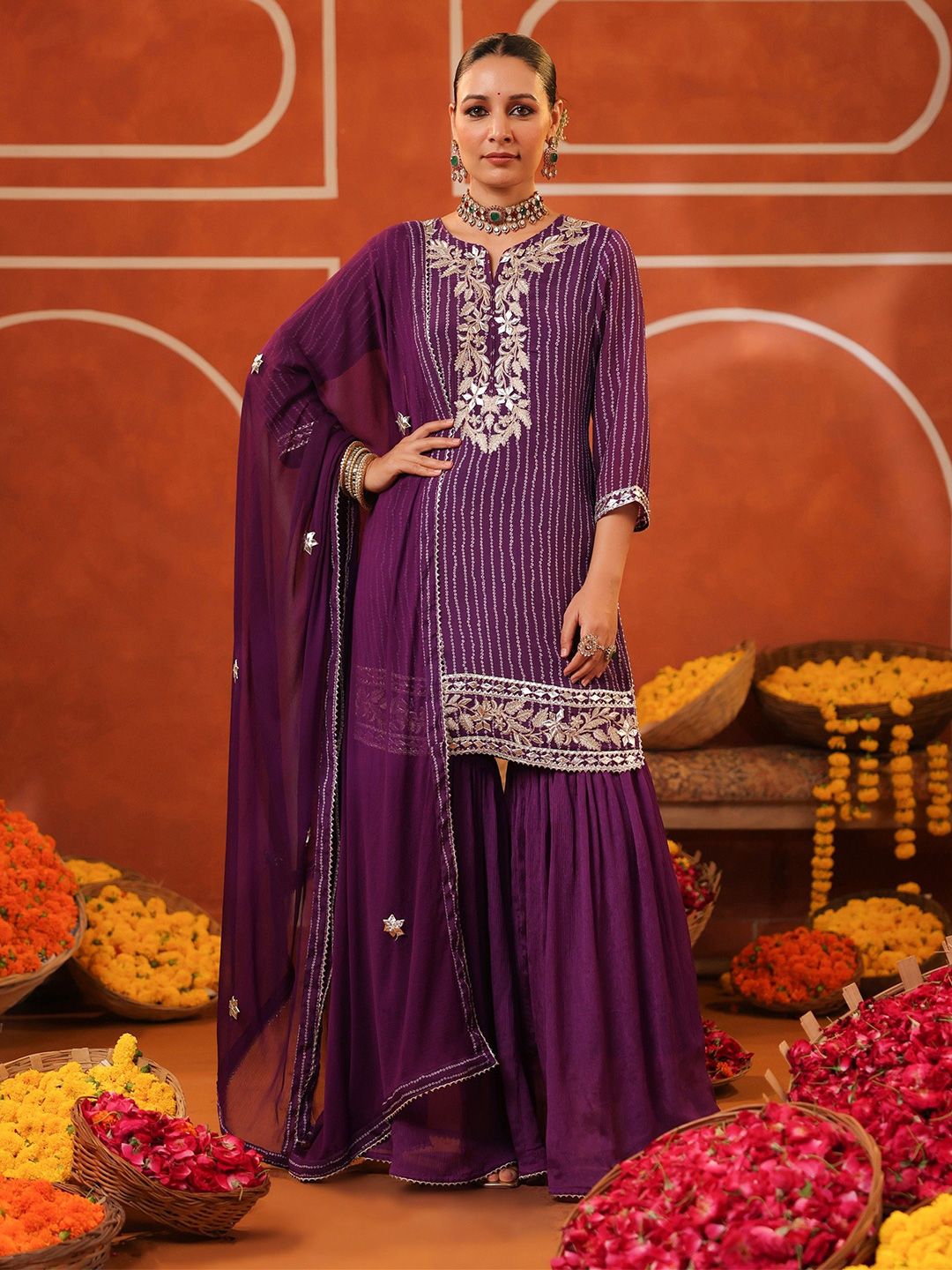 Dhiyona SC Bandhani Printed Gotta Patti Straight Kurta with Sharara & Dupatta
