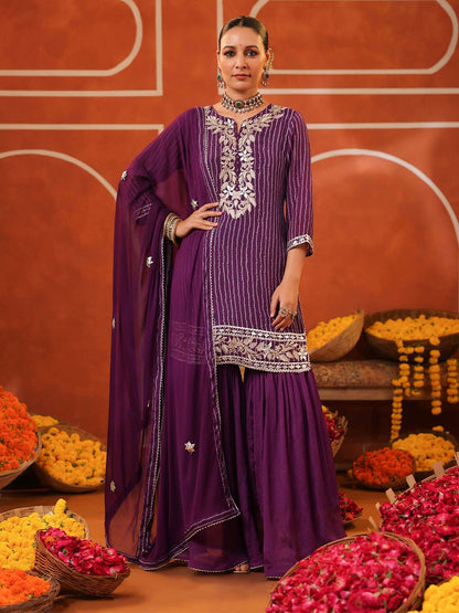 Dhiyona SC Bandhani Printed Gotta Patti Straight Kurta with Sharara & Dupatta