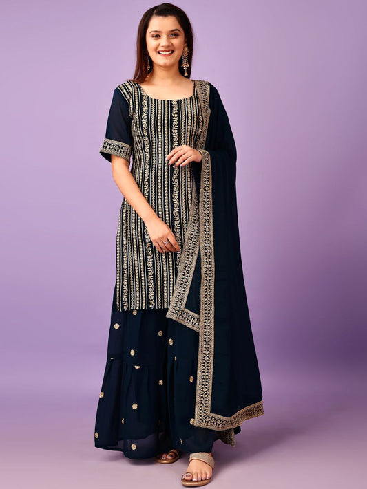 Dhiyona KL Floral Embroidered Georgette Straight Kurta with Sharara & Dupatta