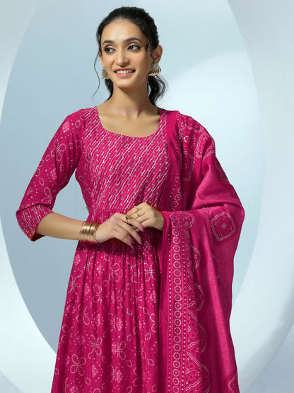 Women's LB Pink Printed Silk Blend A-Line Kurta With Trousers & Dupatta