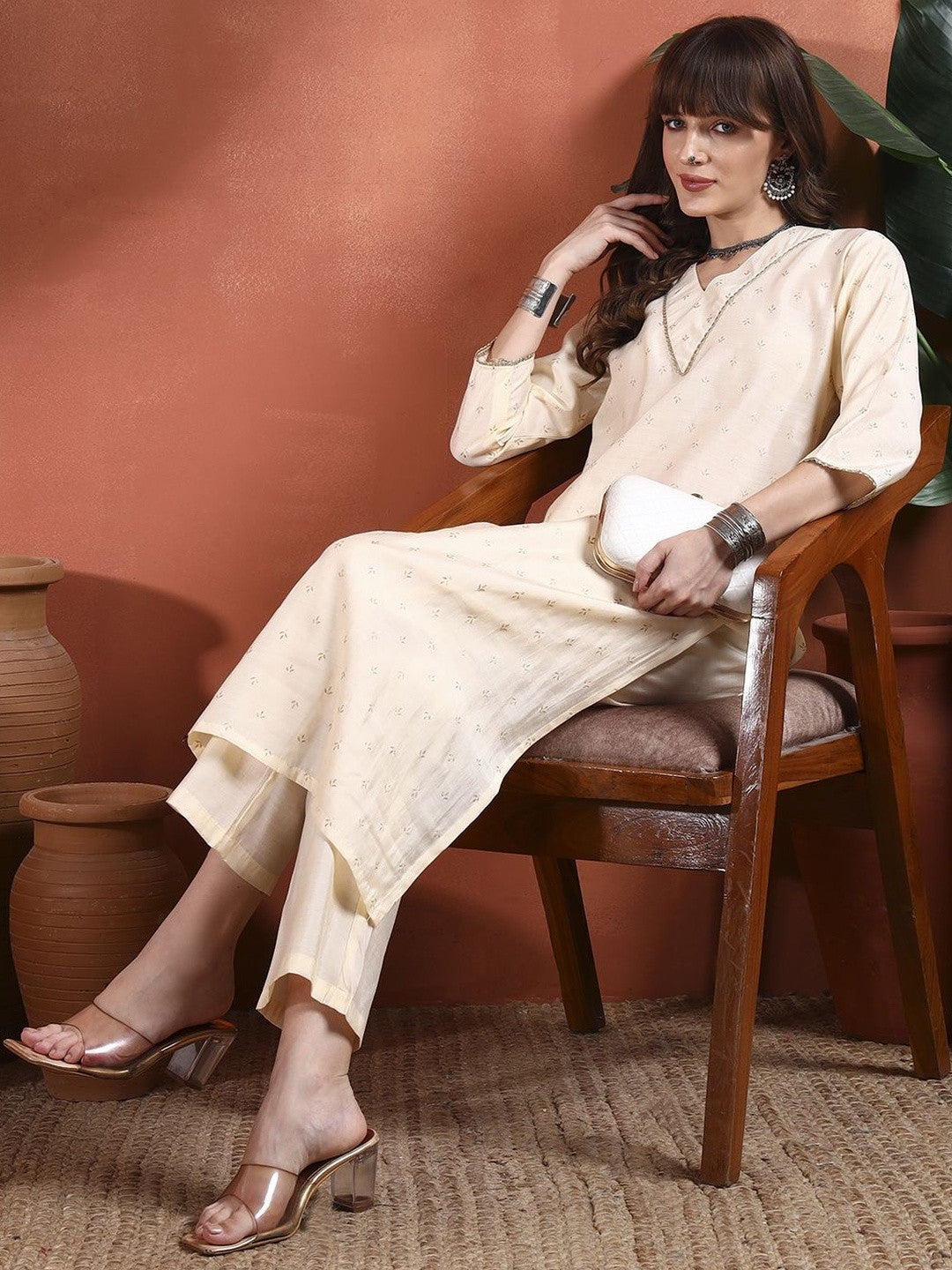 Women Ethnic Motifs Printed Regular Thread Work Kurta with Trousers