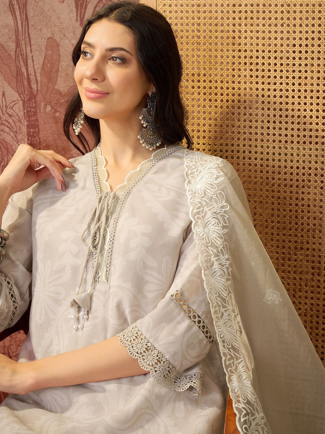 Embroidered Cotton Blend V-Neck Kurta & Trousers Kurta Set