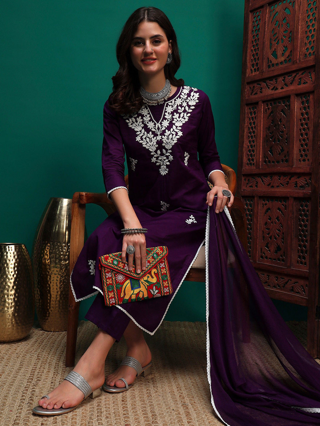 Dhiyona SN Floral Embroidered Chikankari Pure Cotton Straight Kurta With Trouser And Dupatta