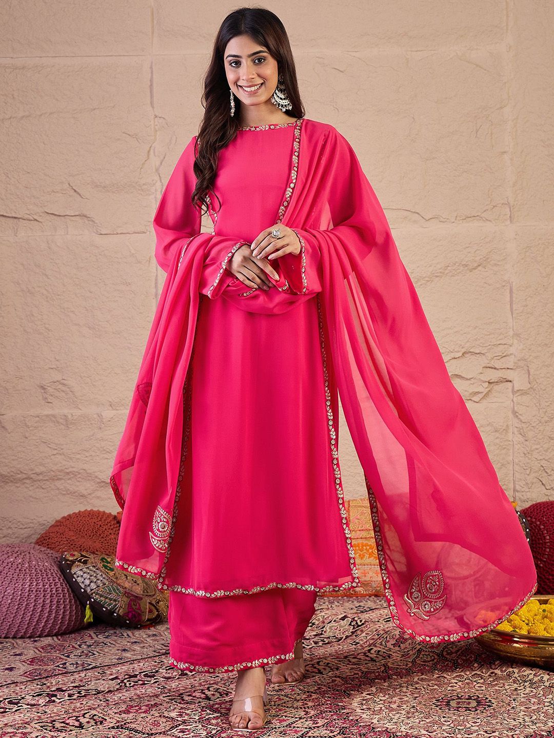 Dhiyona IN Women Floral Embroidered Regular Thread Work Kurta with Palazzos & Dupatta