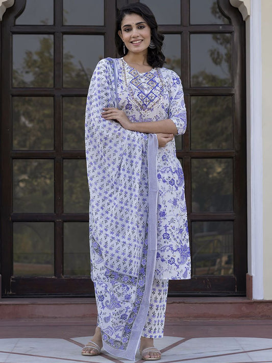 Dhiyona KL Paisley Printed Zari Pure Cotton Straight Kurta With Trouser & Dupatta