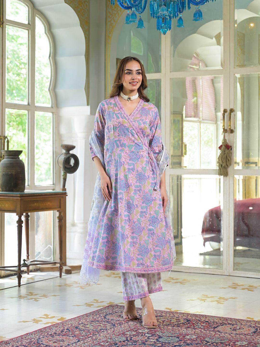 Dhiyona KL Women Floral Printed Angrakha Gotta Patti Pure Cotton Kurta with Palazzos & With Dupatta