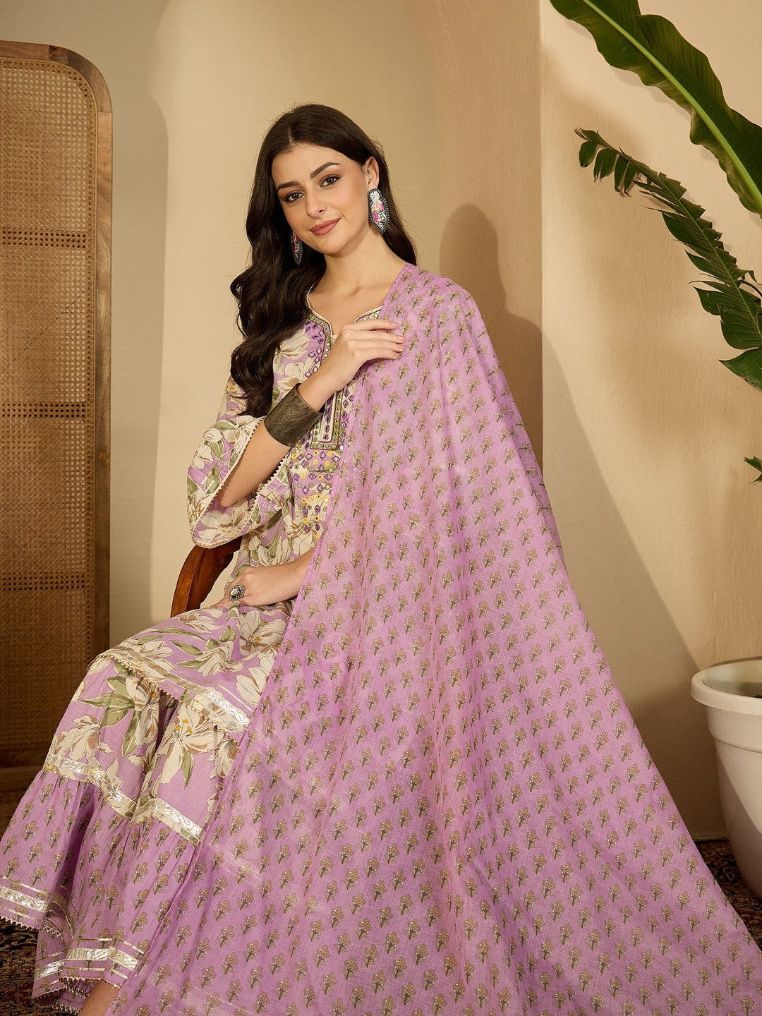 Floral Printed Notch Neck Thread Work Pure Cotton Kurta With Sharara & Dupatta