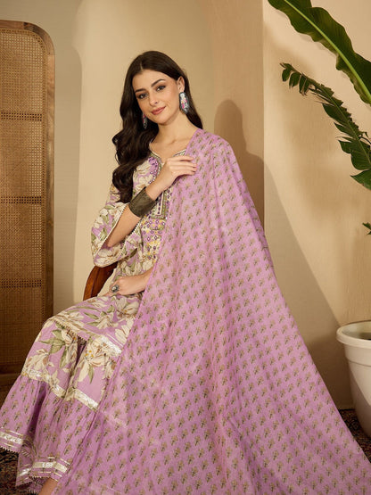 Floral Printed Notch Neck Thread Work Pure Cotton Kurta With Sharara & Dupatta