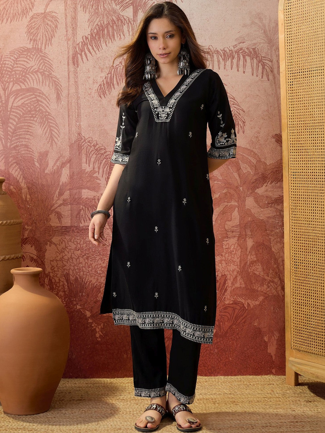 Embroidered V-Neck Kurta & Trousers Kurta Sets