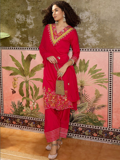 Embroidered Silk Blend V-Neck Kurta & Trousers Kurta Set