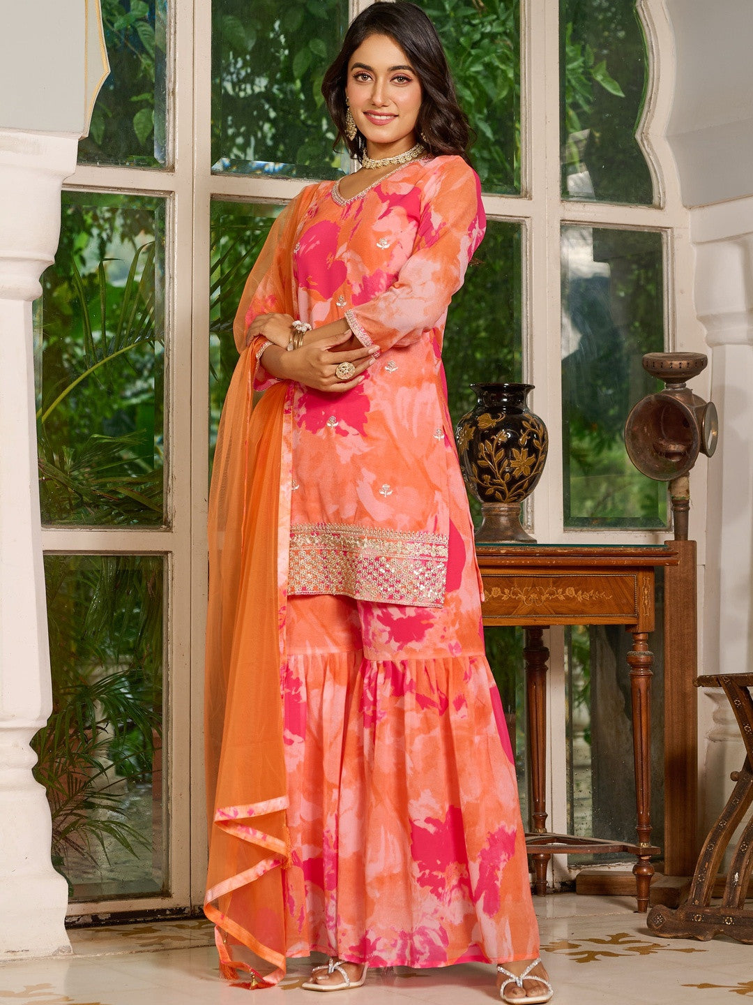 Women Printed Regular Kurta with Sharara & With Dupatta