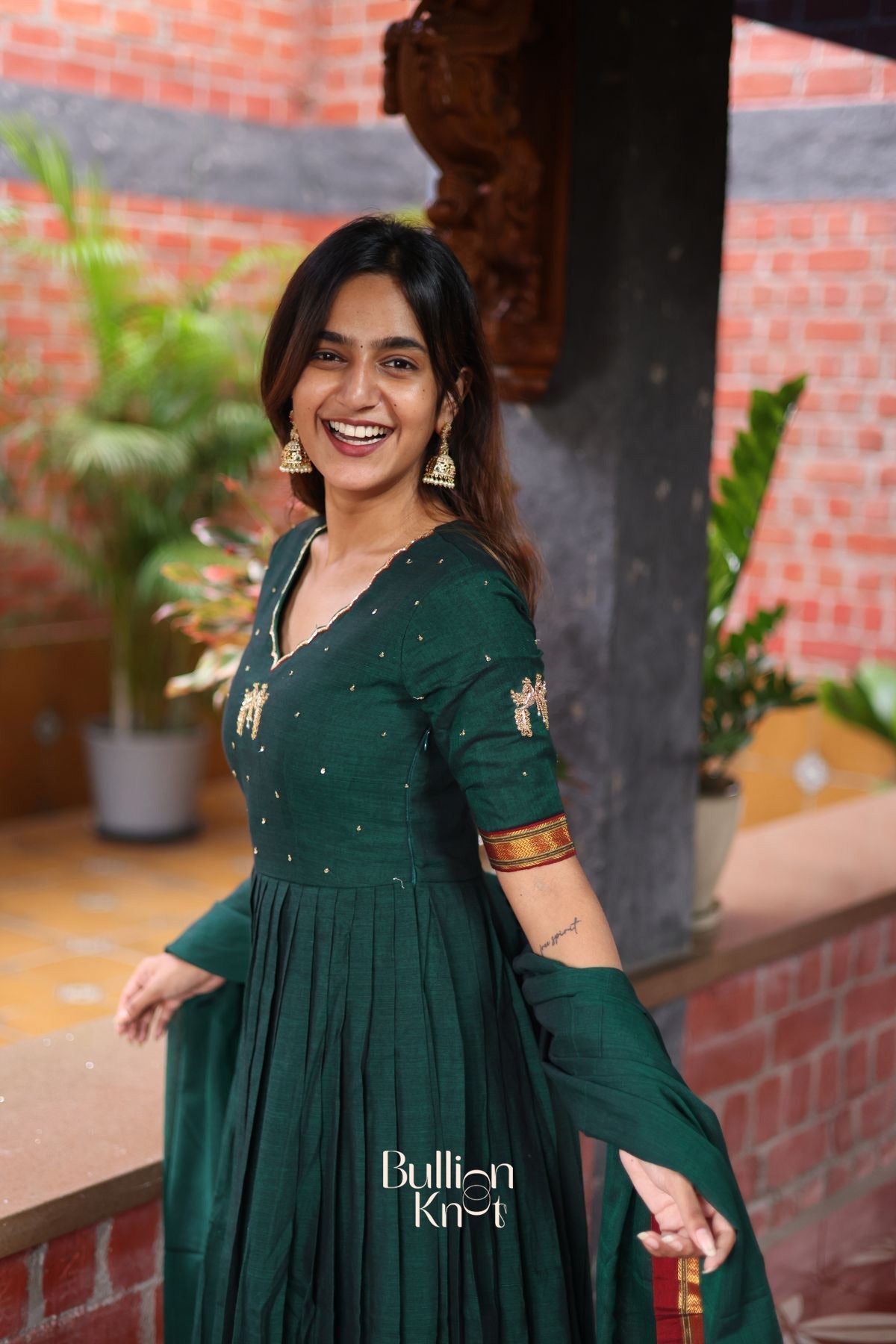 Dhiyona BN Bunaai Handloom Anarkali (Dress) in Green