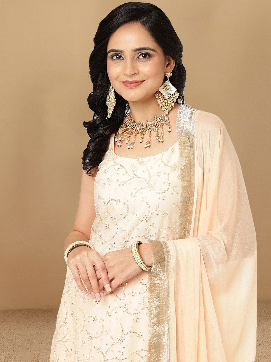 Dhiyona HOP Floral Embroidered Sequnnied Straight Kurta Sharara & Dupatta