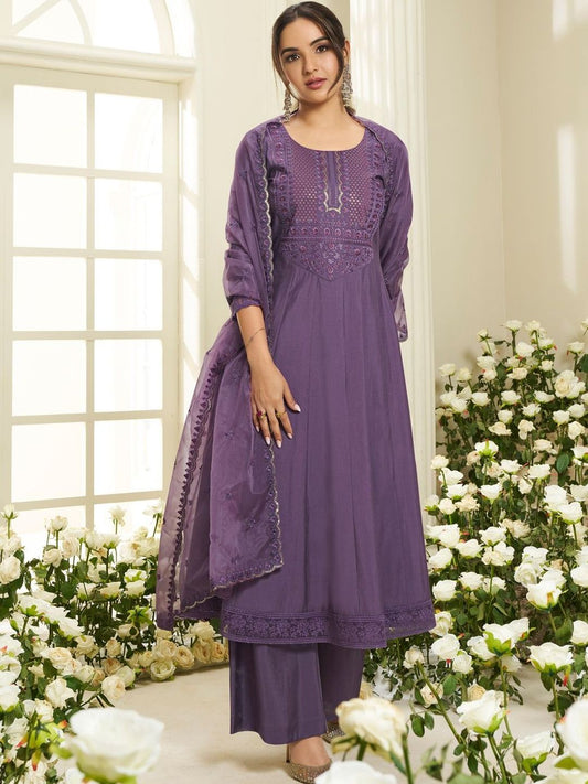 Dhiyona IN Women Ethnic Motifs Embroidered Panelled Thread Work Kurta with Palazzos & With Dupatta