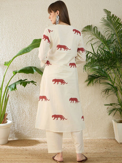 Dhiyona IE Printed V-Neck Three-Quarter Sleeves Pure Cotton Tunic And Trousers