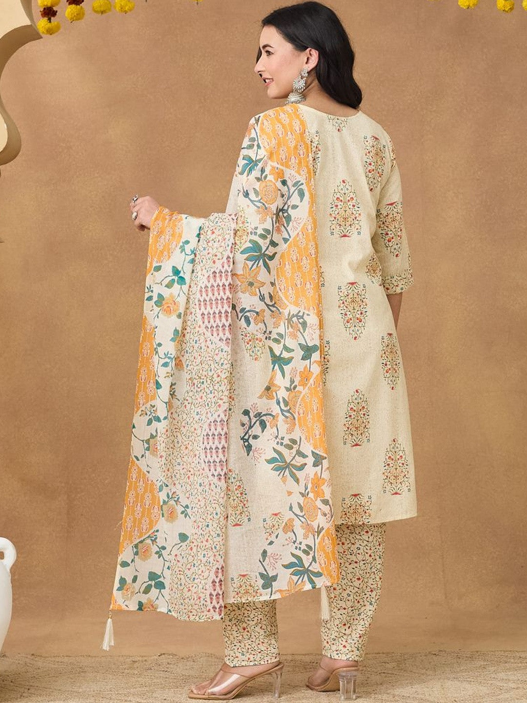 Beige Floral Cotton Printed Tie Neck Embroidery Kurta Trousers & Tasseled Dupatta