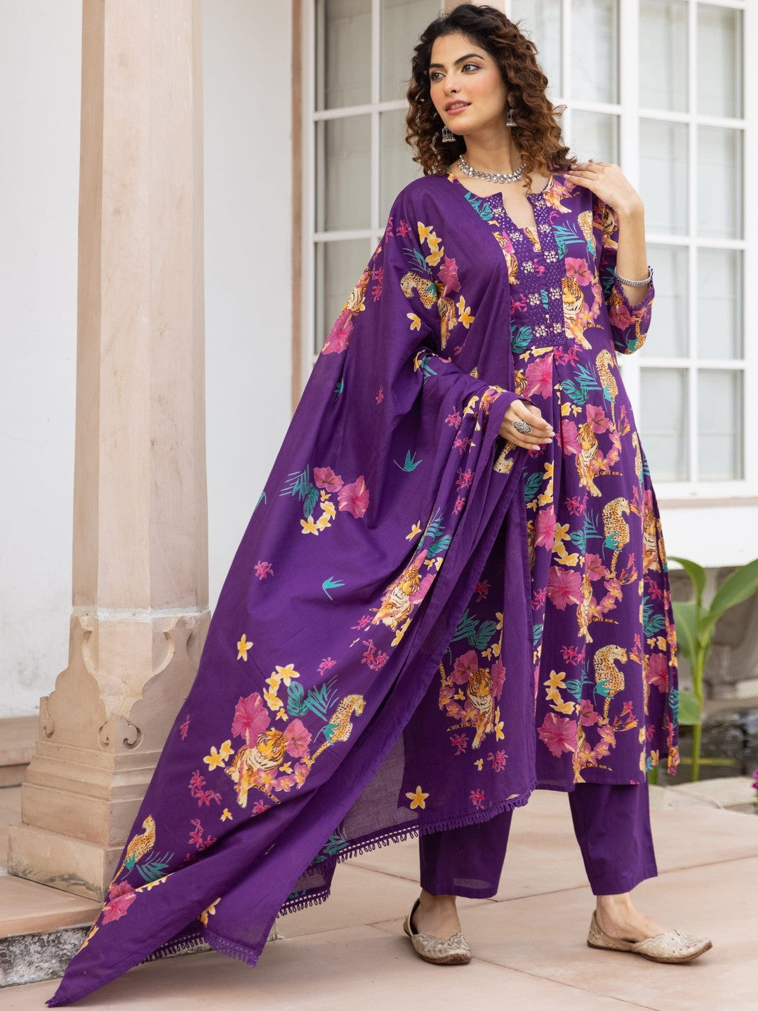 Printed Pure Cotton V-Neck Kurta Trousers & Dupatta