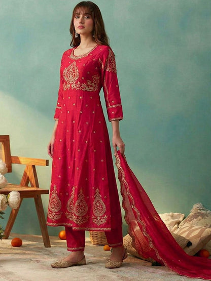 Dhiyona CH Women Ethnic Motifs Embroidered Regular Thread Work Kurta with Trousers & With Dupatta