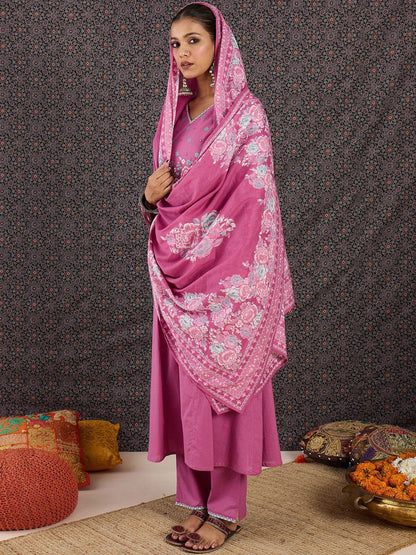 Women Floral Embroidered Regular Thread Work Pure Cotton Kurta with Trousers & With Dupatta