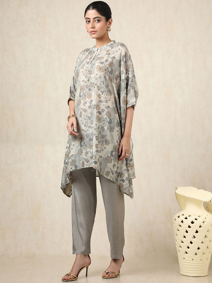 Dhiyona SO Women's Floral Printed Mandarin Collar Kaftan Pure Cotton Kurta With Trousers