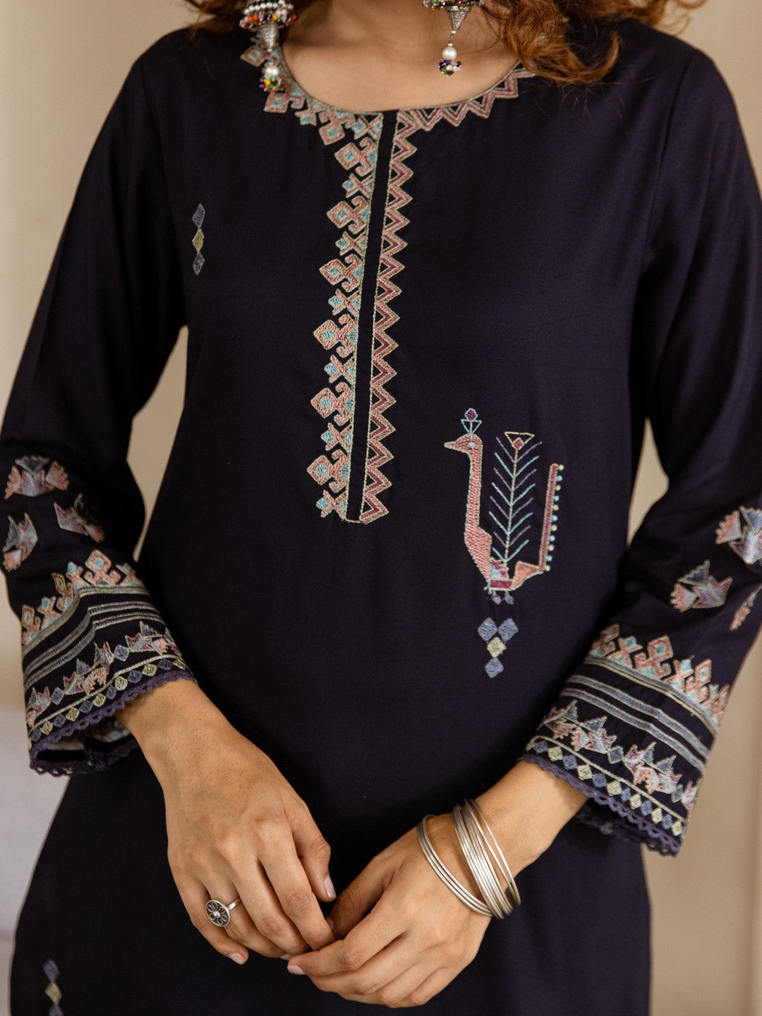 Ethnic Motifs Embroidered Round Neck Thread Work Straight Kurta With Palazzos