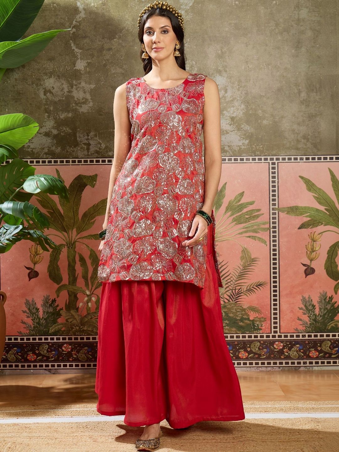 Dhiyona SN Embroidered Round Neck Straight Kurti & Sharara With Dupatta