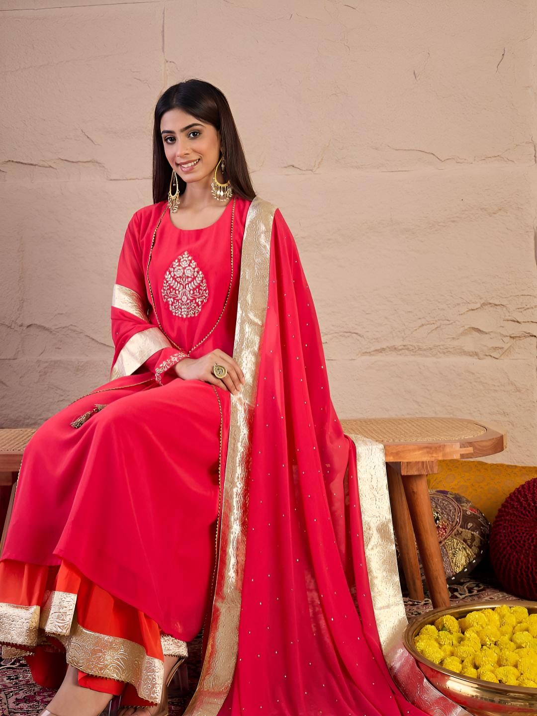 Dhiyona IN Floral Embroidered Zari Georgette Anarkali Kurta With Palazzos & Dupatta