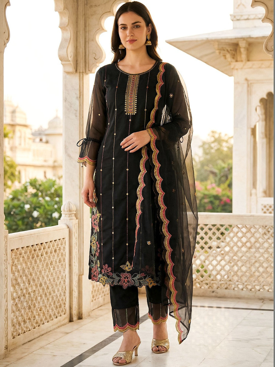 Women Ethnic Motifs Embroidered Regular Thread Work Kurta with Trousers & With Dupatta