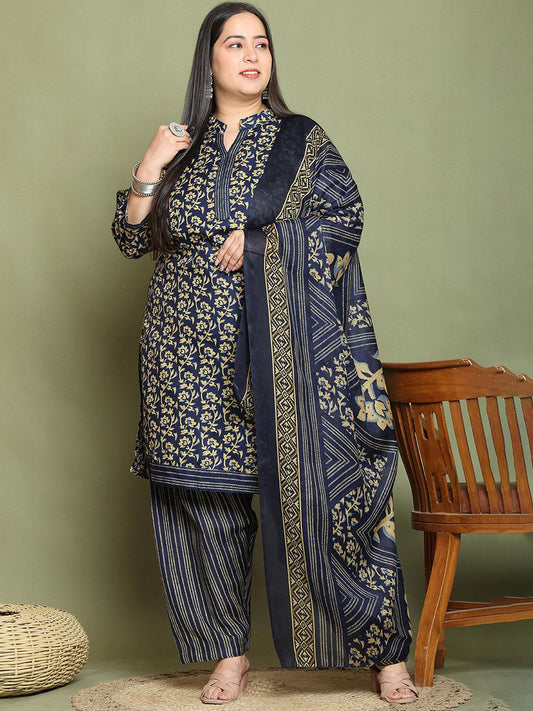 Dhiyona KL Women Plus Size Ethnic Motifs Printed Kurta with Salwar & Dupatta