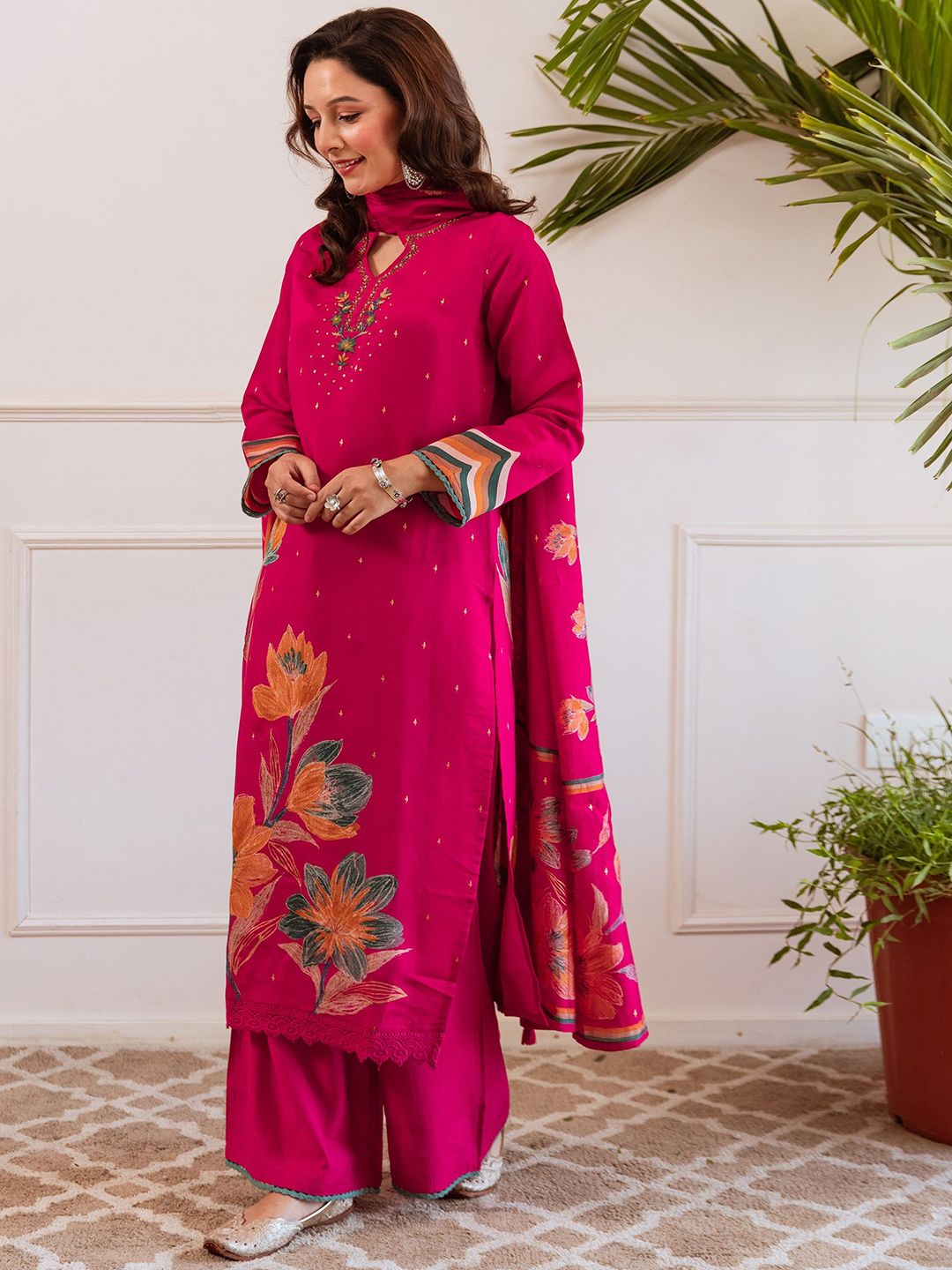 Dhiyona SN Women Floral Embroidered Kurta with Palazzo & Dupatta
