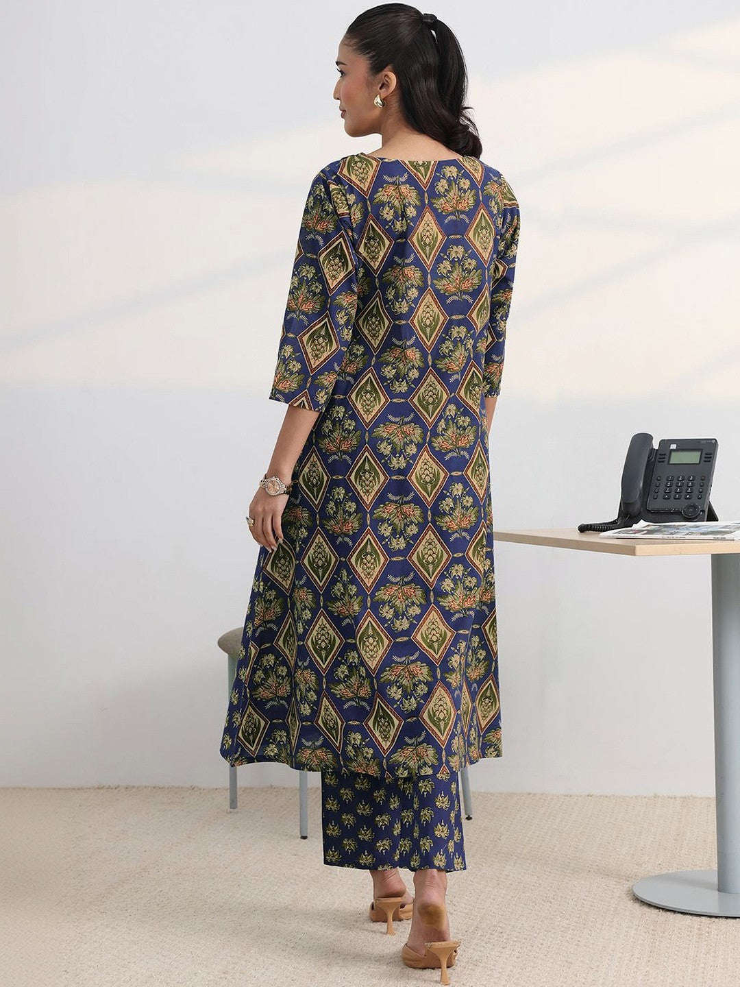 Libas Blue Floral Printed Cotton Blend A-Line Kurta Set