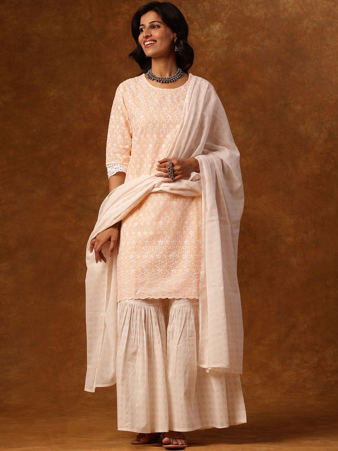 Dhiyona AN Women Embroidered Regular Sequinned Kurta with Sharara & With Dupatta