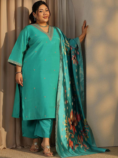 Dhiyona Women's Plus Size Ethnic Motifs Embroidered Kurta with Trouser & Dupatta