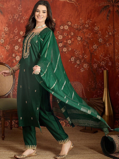 Women Ethnic Motifs Embroidered Regular Thread Work Kurta with Trousers & With Dupatta