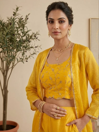Embroidered Tissue Round Neck Top & Palazzos