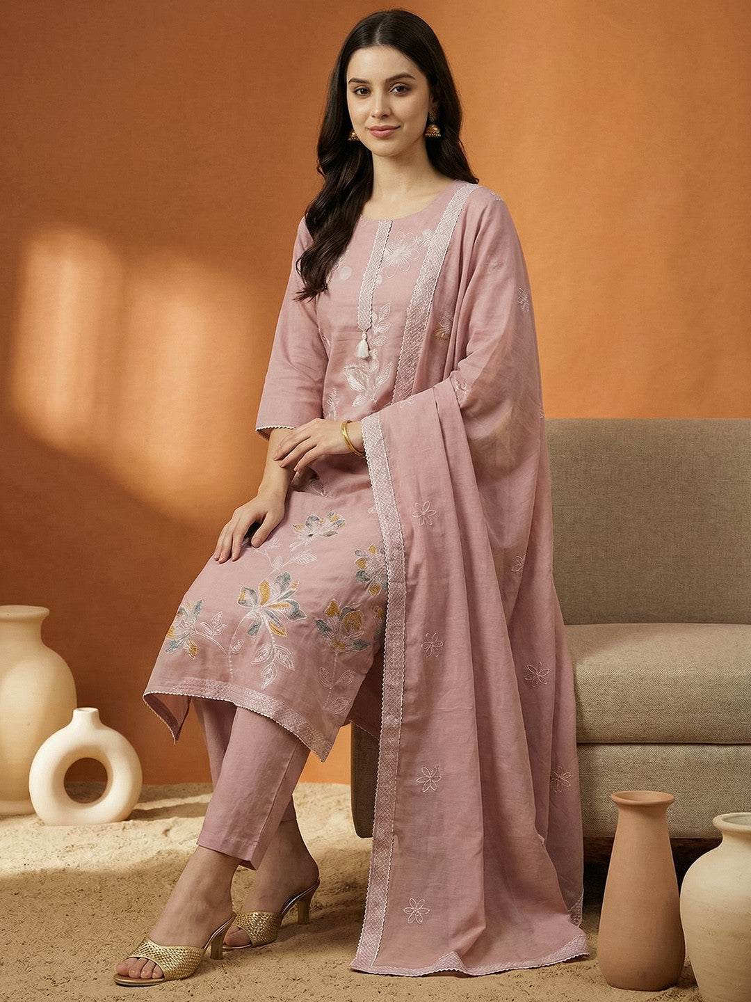 Pink Embroidered Straight Kurta Trousers Dupatta Set Kurta Sets