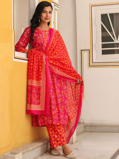 Dhiyona RR Women's Floral Printed Cotton A-Line Kurta with Trousers & Dupatta